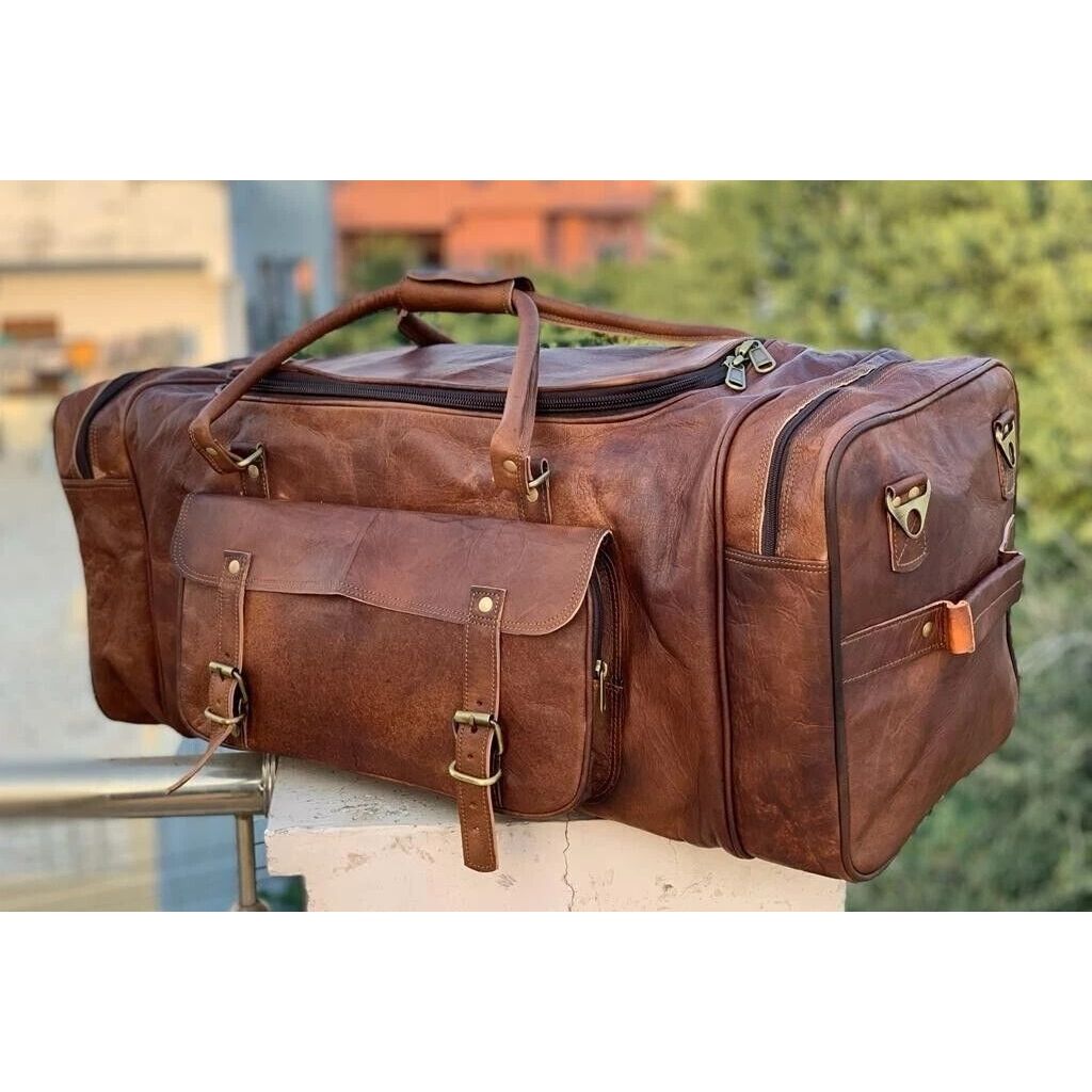 

New Men s Large Travel Bag Brown Vintage Duffel Real Leather Weekend Luggage 30 x 11 x 11 in