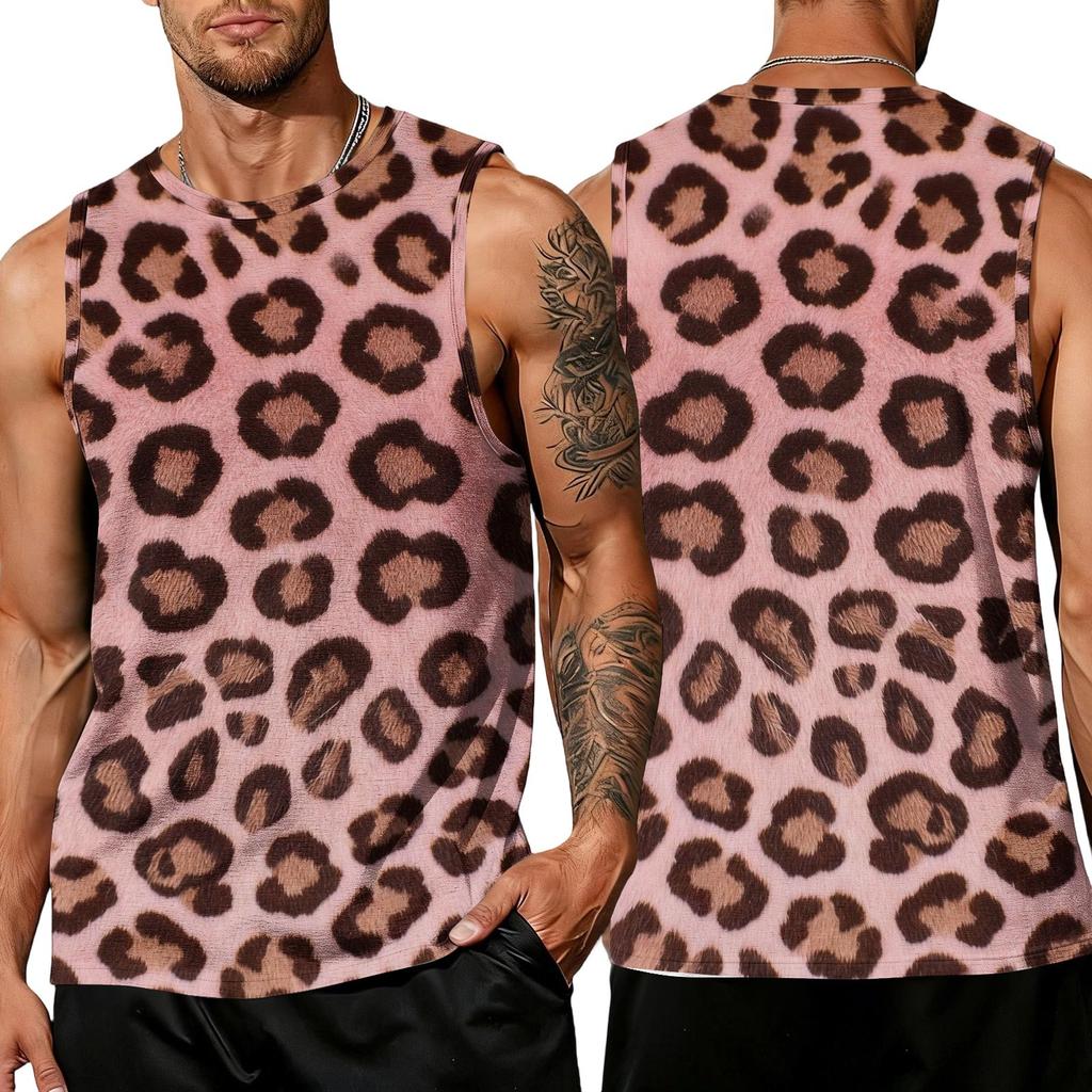 Men's Casual Sleeveless Tank Top Leopard Print Athletic Breathable Lightweight Muscle Shirt for Sports Gym Training