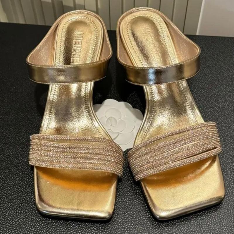 

Модные женские туфли на высоком каблуке, тапочки, модные туфли для платья, хрустальные элегантные сандалии, летние женские туфли-лодочки, тренд 2025, дизайнерские женские тапочки 40