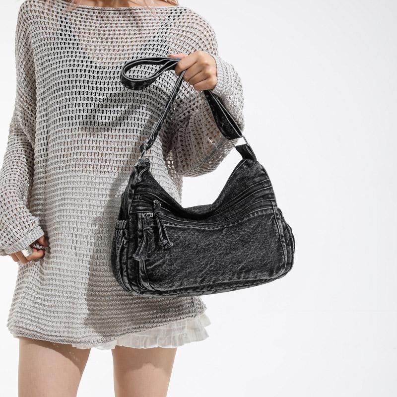 Vintage Style Denim Shoulder Bag for Women, Retro Blue Jean Crossbody Handbag, Cute Grunge Alt Gift for Teen Girls, for School