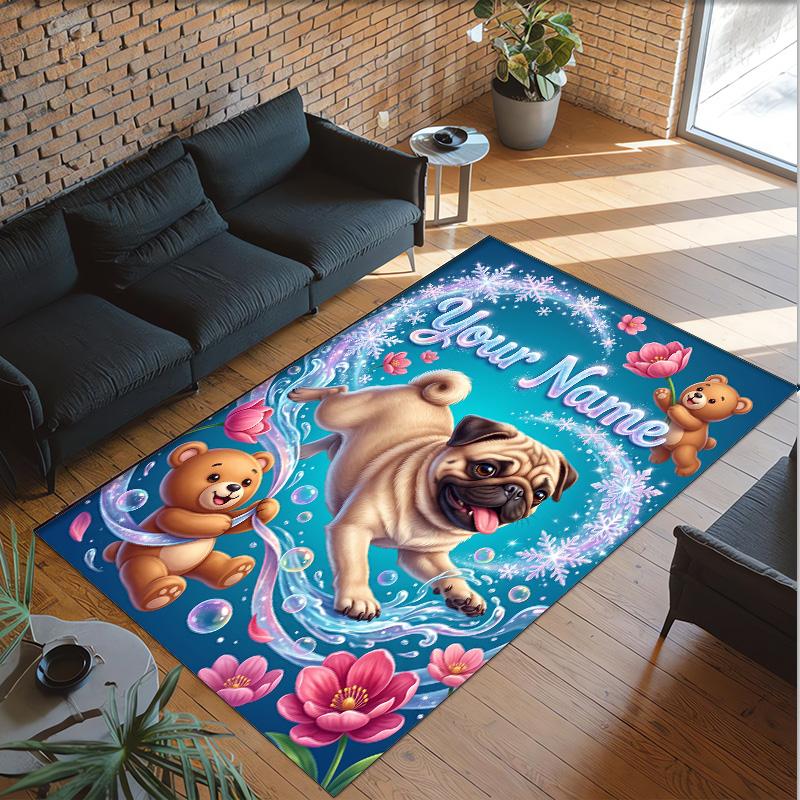 Pug Theme Crystal Velvet Floor Rug Personalized Custom Name Text Warm Carpet Home Decoration