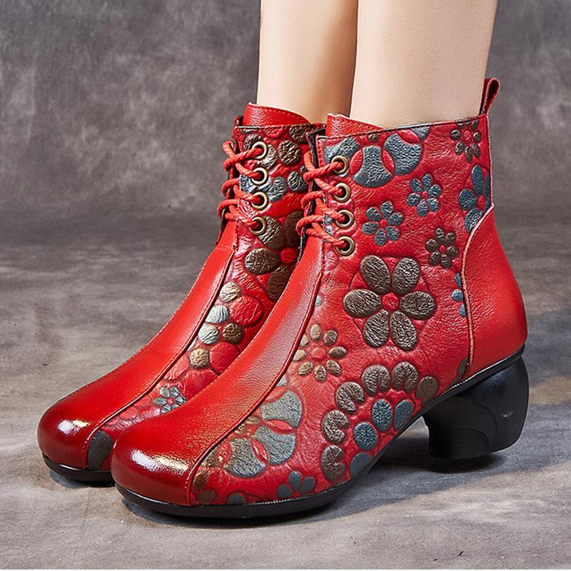 Women's shoes new mother velvet warm cotton shoes women's head layer cowhide printing thick heel soft sole short boots