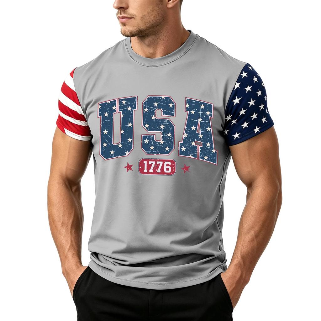 Men's Independence Day Flag Print Short Sleeve T-Shirt, Loose Casual Daily Summer Tops