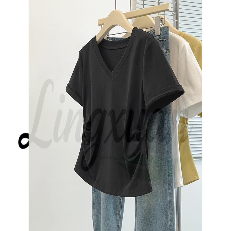 2026 Plus Size Women s V-neck Solid Color Slimming Casual T-shirt L