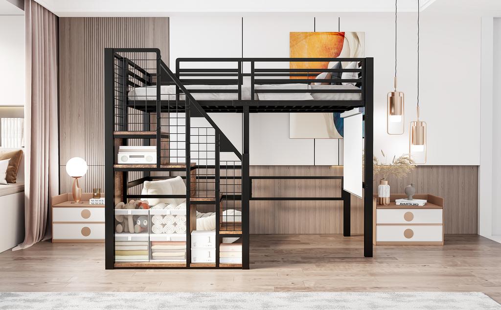 Loft Bed with Safety Ladder 90*200, Children's Bed with Iron Frame and Storage Area, Youth Bed, Single Bed, Black