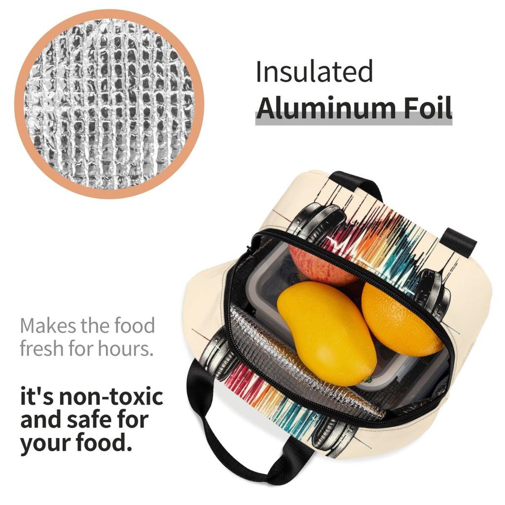 Heart Shaped Music Note With Headphones Insulated Lunch Bag for Women Kids Portable Food Boxes Thermal Lunch Box Tote
