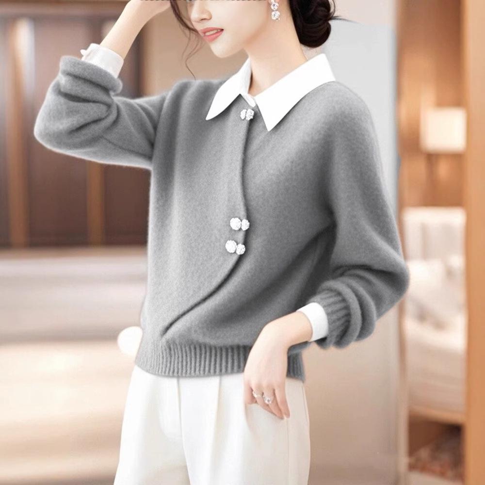 2025 Stylish Chinese-Style Gray Sweater: Women's Thick, Warm Winter Inner Layer with Faux Two-Piece Design