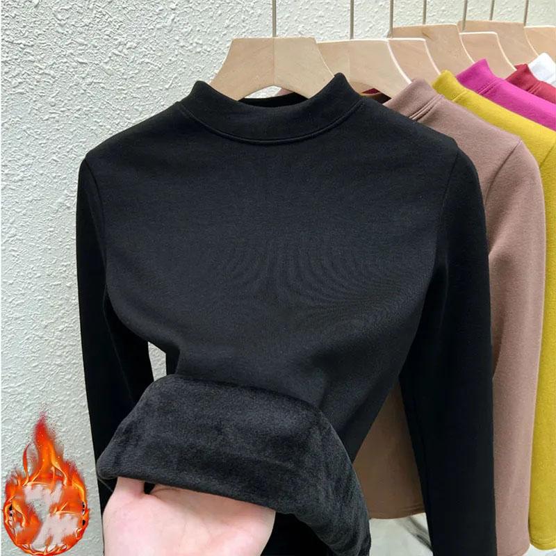 Integrovaný sametový hřejivý top Slim dámský pulovr Plyšový zateplený Polovysoký límec Spodní tričko Jednoduché ležérní Cestování Podzim Zima
