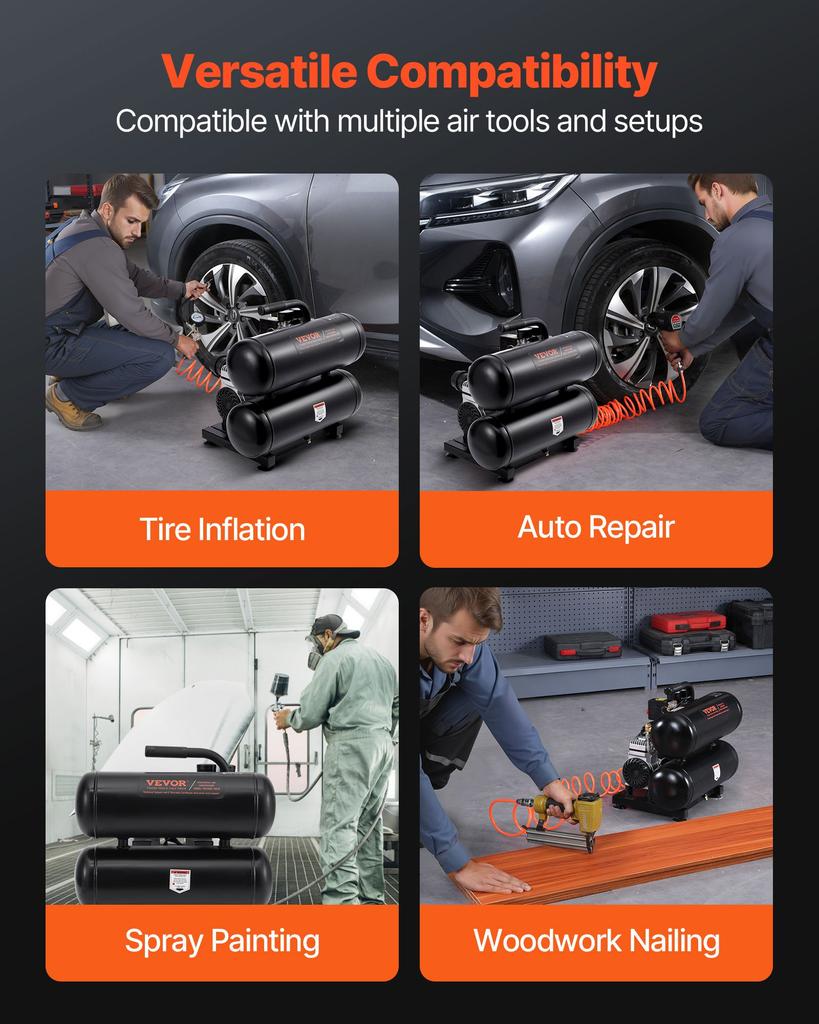 VEVOR Air Compressor, 4.6 Gallon Steel Tank, 1HP 2.0 CFM@90 PSI Oil Free Air Compressor & Max. 120PSI Pressure