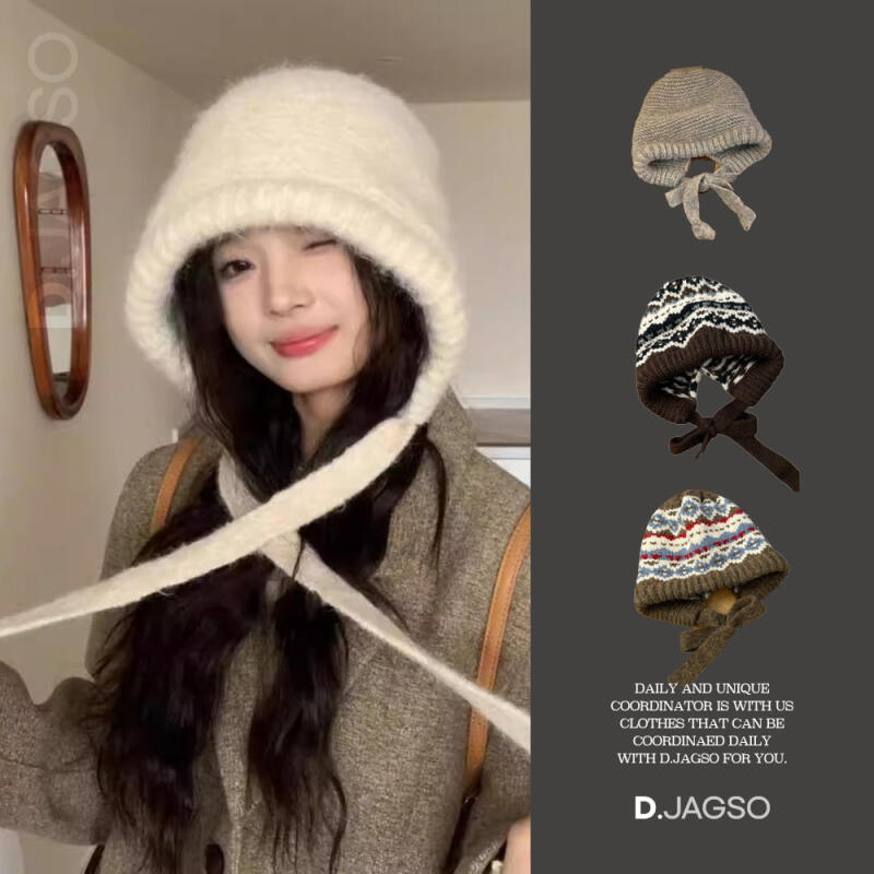 Women s Knit Argyle Snowflake Balaclava Beanie Hat beige