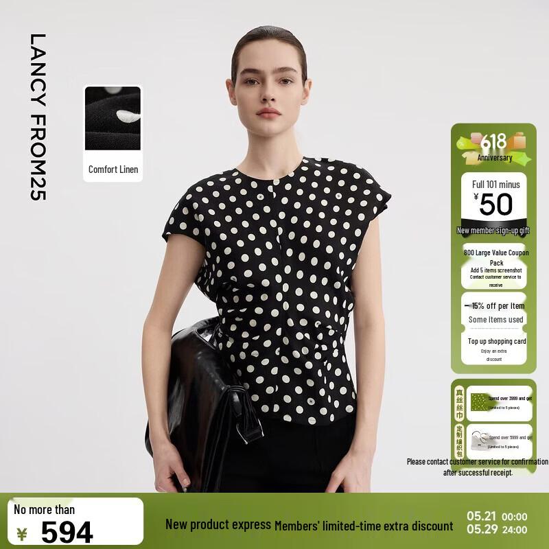 LANGZI French Style Polka Dot Linen Blend Short Shirt M