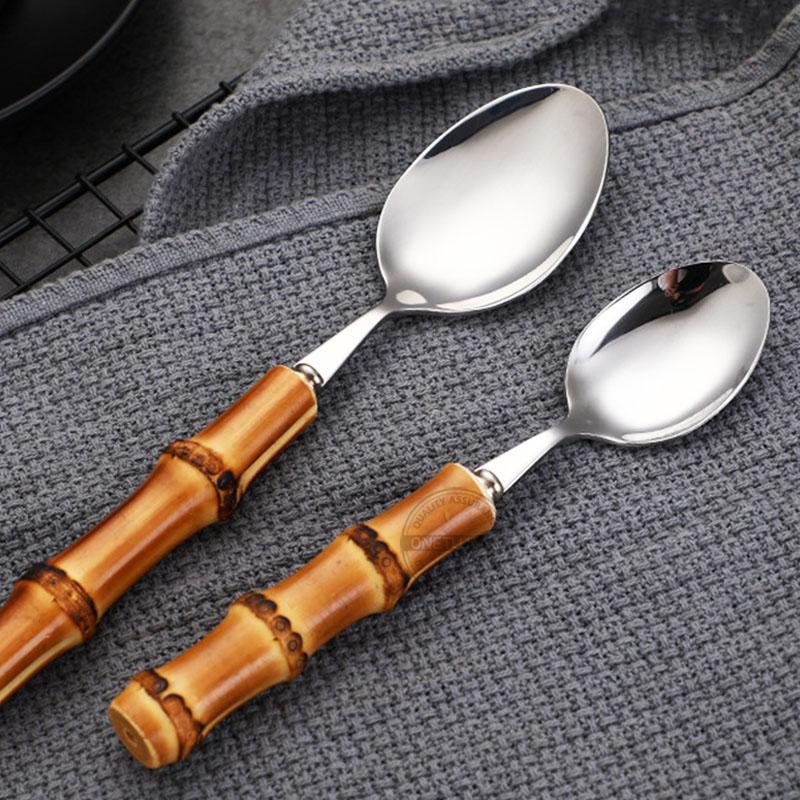 Set de tacâmuri cu mâner din bambus natural, veselă din oțel inoxidabil, tacâmuri de bucătărie, include furculițe, linguri, cuțite și veselă