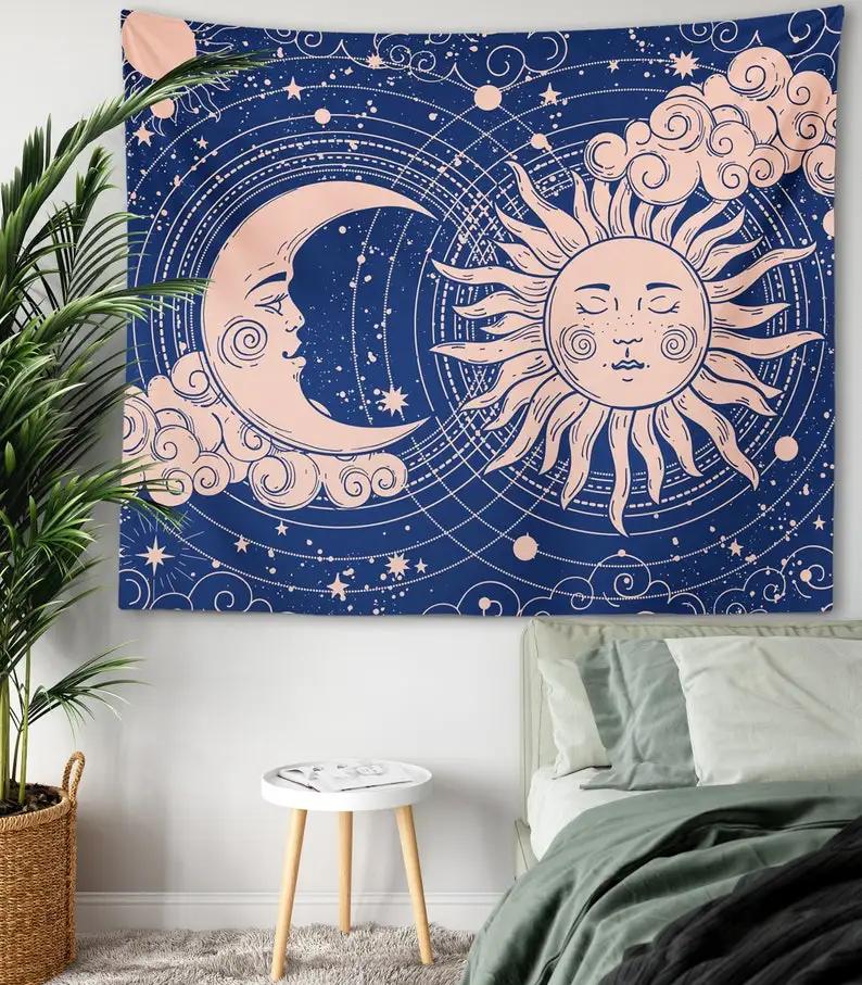 

Sun Moon Tapestry Blue Celestial Sky Wall Hanging Bohemian Yoga Meditation Decor Mystical Boho Style for Dorm or Home 74x94cm(29x37in)