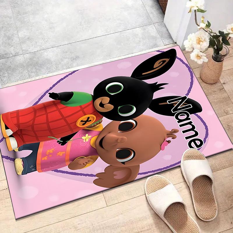 Custom Bing Bunny Mat Personalized Name, Polyester Washable Indoor Entryway Rug, Gift for Christmas, Easter, Thanksgiving Day