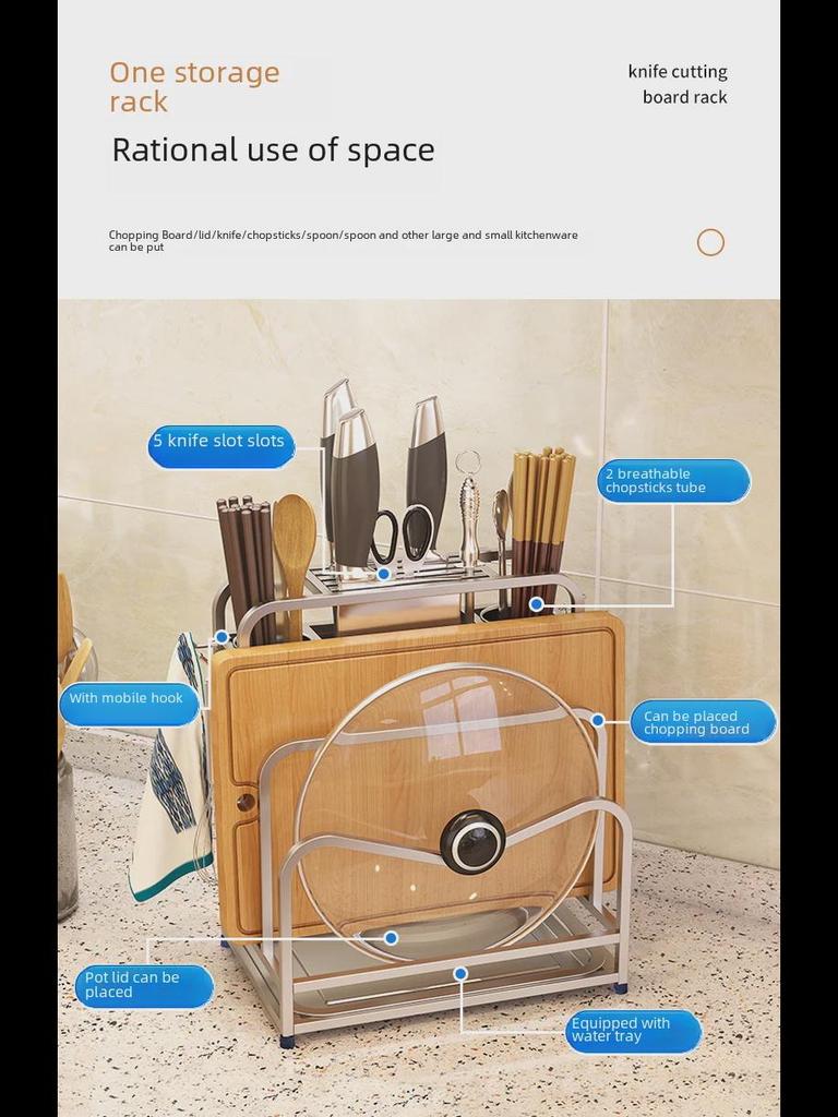 Multifunctional Stainless Steel Kitchen Rack: Knife, Chopping Board, and Chopstick Holder