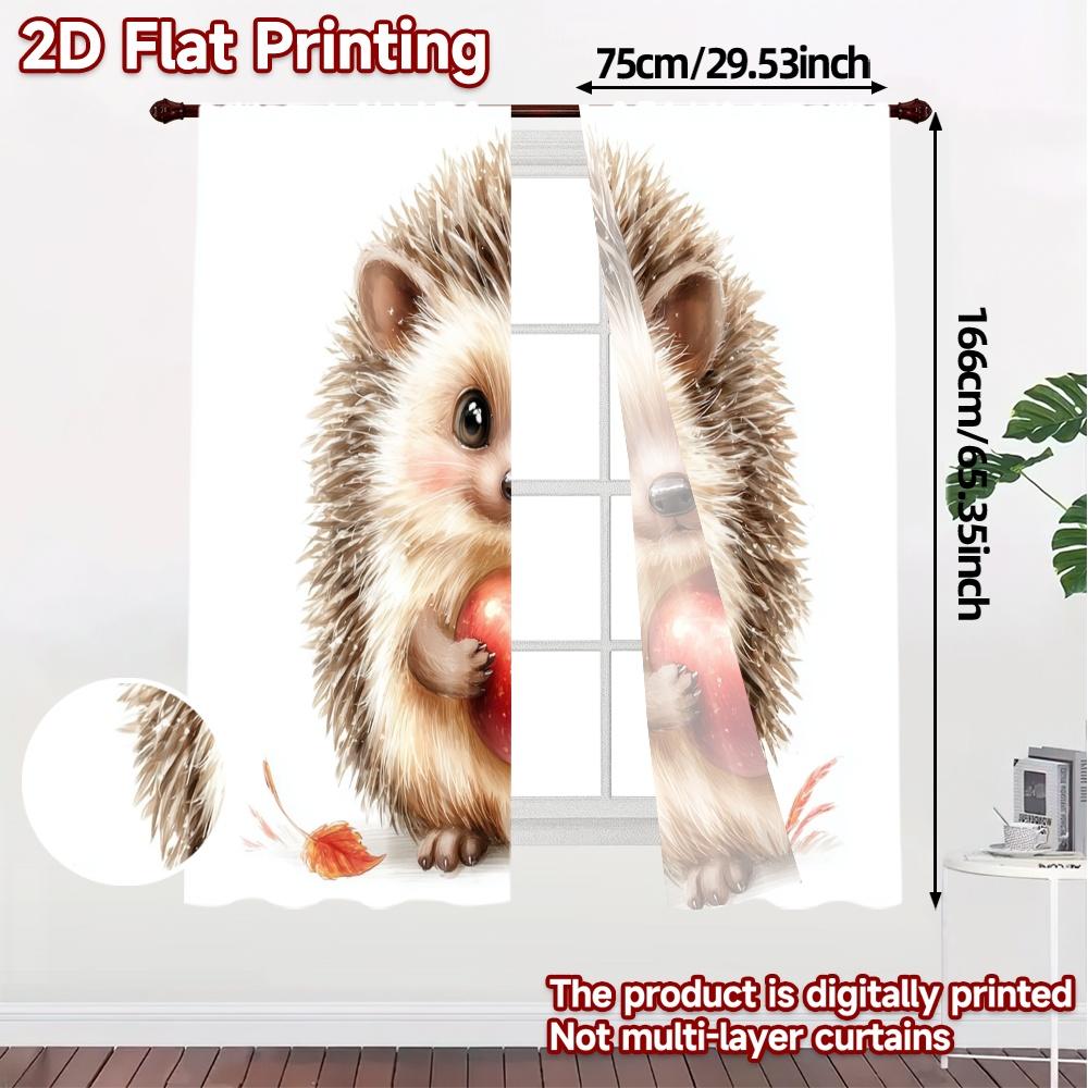 2pcs   2D FLAT PRINTING Curtains (Without Rod) Hedgehog Apple Chic Curtains&Window Treatment Versatile Polyester Fabric Curtains
