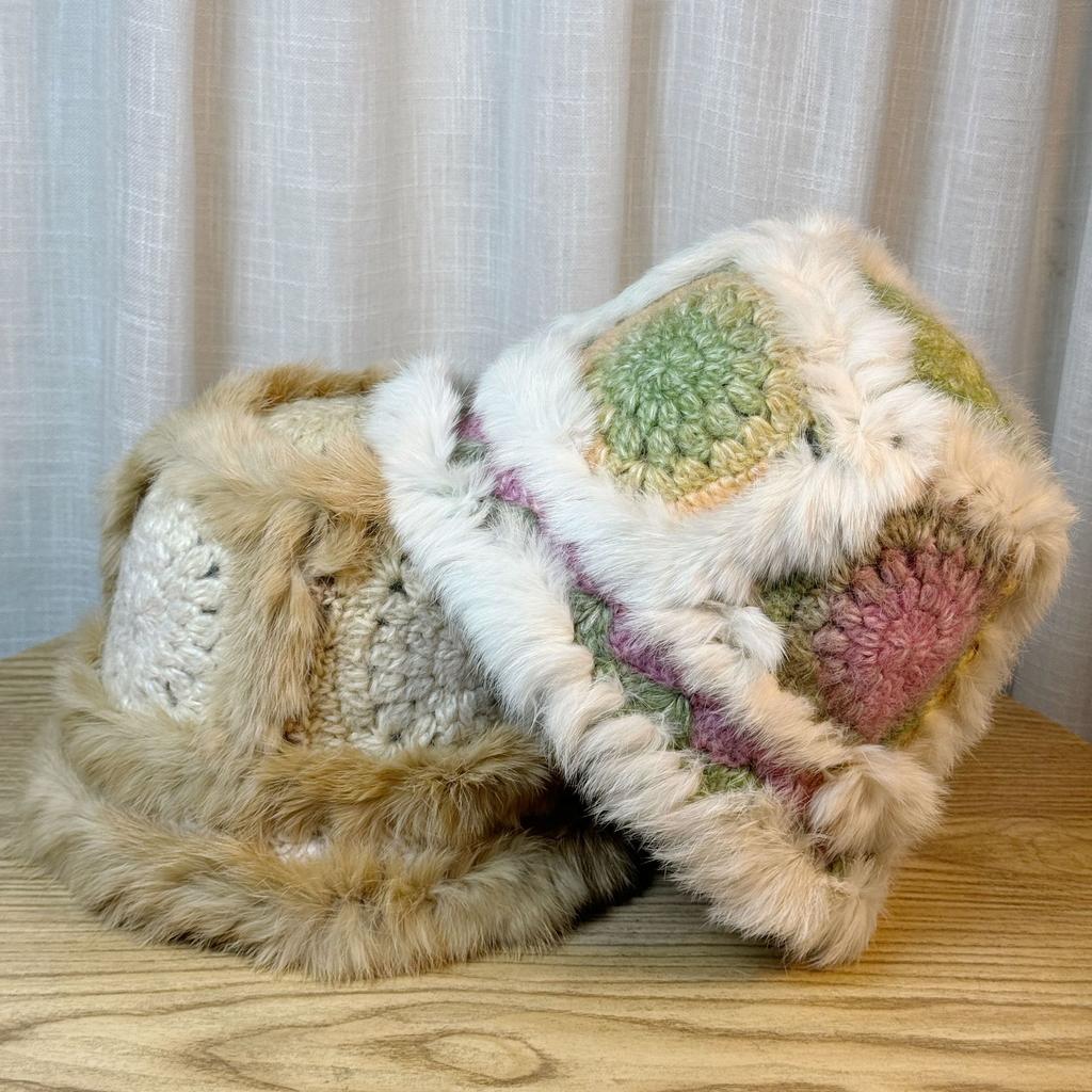 Colorful Rabbit Fur Fisherman Hat for Women In Autumn and Winter Hand Knitted Woolen Hat Warm Furry Hat Showing Face Small Plush Hat