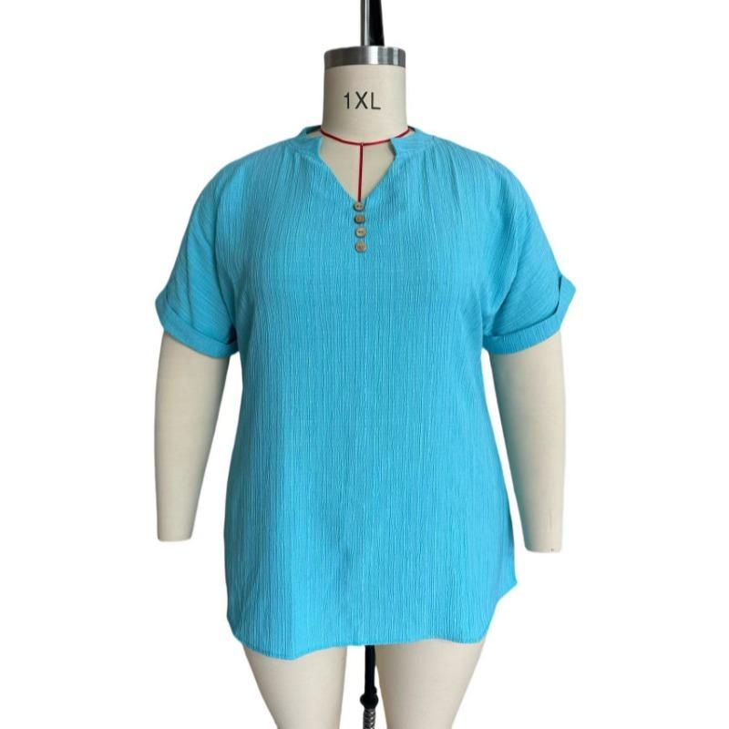 V Neck Casual Simple Summer Blouse Large Size Short Sleeve Fashion Elegant Buttons Shirts Ladies Solid Color Office Tops Elegant Sweet Clothing