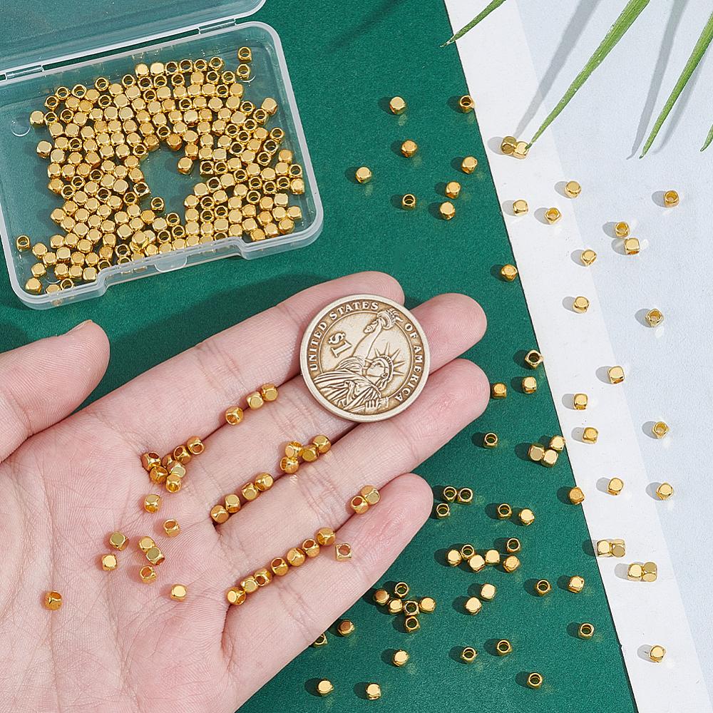 300Pcs Cube Brass Spacer Beads, Barrel Plating, Cube, Golden, 3x3x3mm, Hole: 2mm