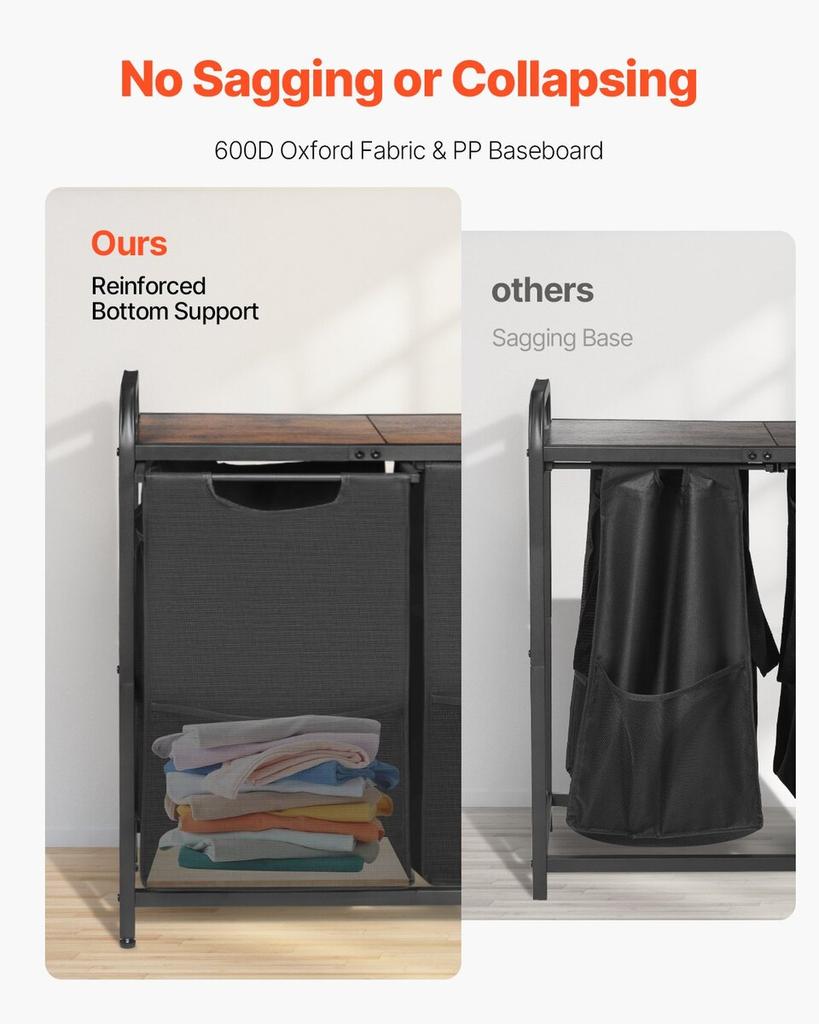 2 Section Laundry Sorter with Pull-Out Bags Metal Frame & Wooden Tabletop