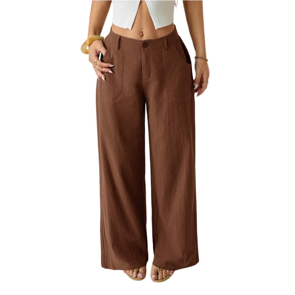 Women's Cotton And Linen Wide Leg Pants, Mid Waist Pants, Casual  Color With Pockets