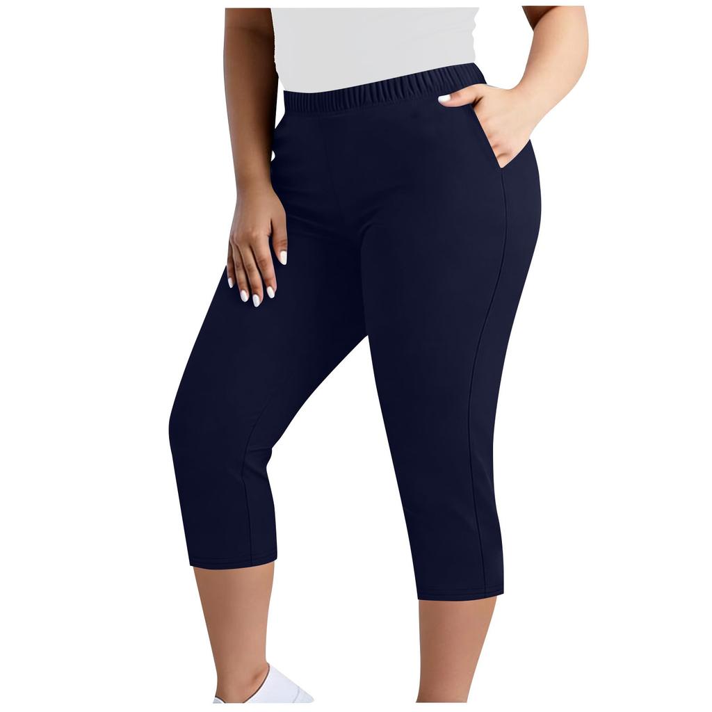 Pantaloni Capri elasticizzati taglie forti da donna con elastico in vita e tasche, pantaloni cropped comodi per l'uso quotidiano