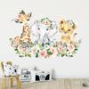 Cute Watercolor Floral Wreath with Woodland Animals Wall Stickers, Self-Adhesive Decor for Living Room Bedroom Background Wall Decoration