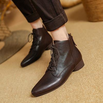 Fashion NEW Autumn/Winter Women Boots Pointed Toe Low Heel Shoes Genuine Leather Shoes for Women Lace-up Ankle Boots Zipper Modern Boots