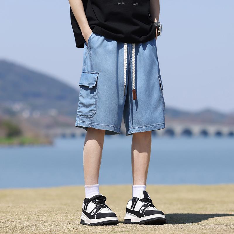 Summer Men's Denim Cargo Shorts Big Size Elastic Waist Straight Baggy Jeans Shorts
