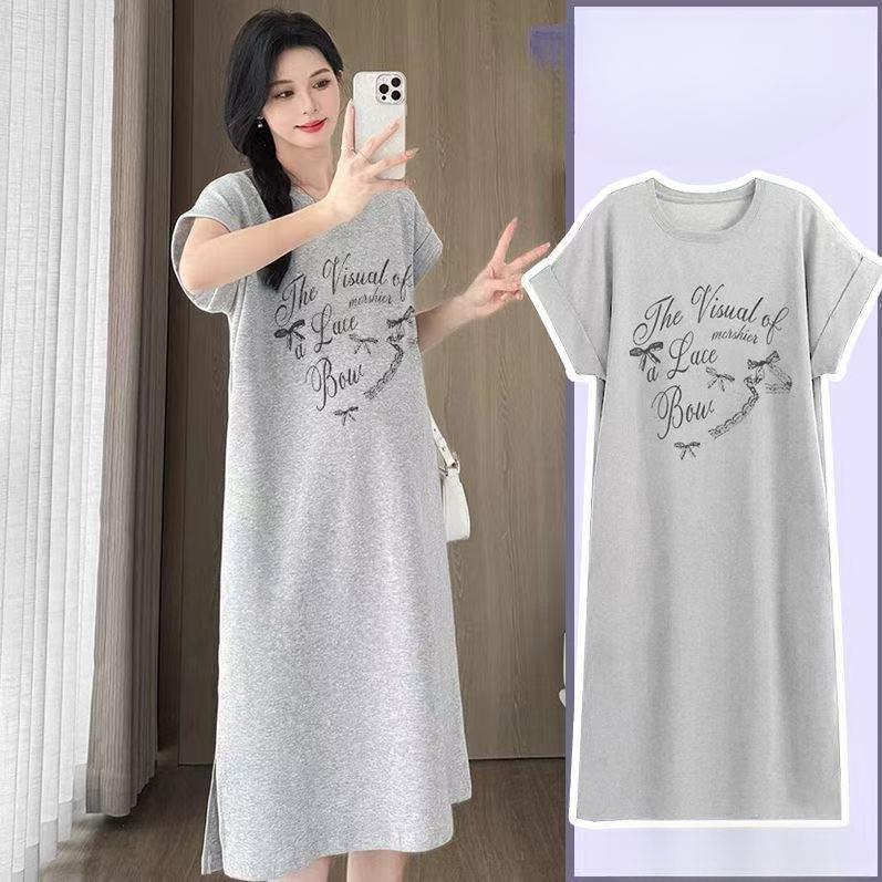 

Футболка с принтом и юбка с круглым вырезом для женщин, корейский стиль, свободный, повседневный, молодежный и модный, платье с рукавами-крылышками и разрезом, длинная юбка для лета 4XL серый