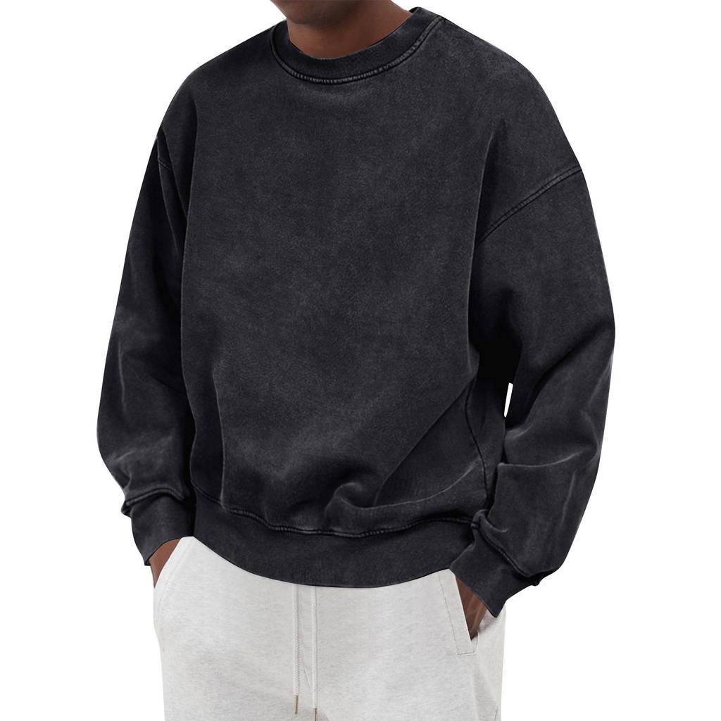 Men's Solid Color Washed Long Sleeve Round Neck Sweatshirt Men's Casual Fashion Sweatshirt