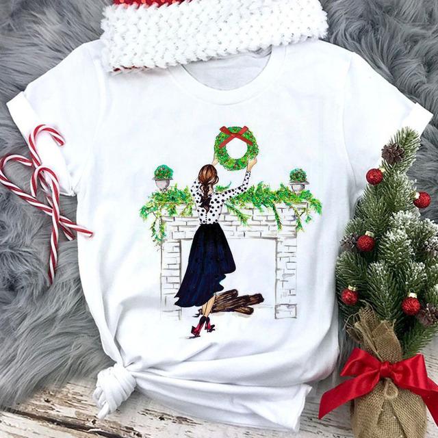 

Women Merry Christmas T Shirt New Fashion Xmas Tee Tops 90S Lady Female Short Sleeve O-Neck Cute Graphic T-Shirt Christmas Gift XXXL білий