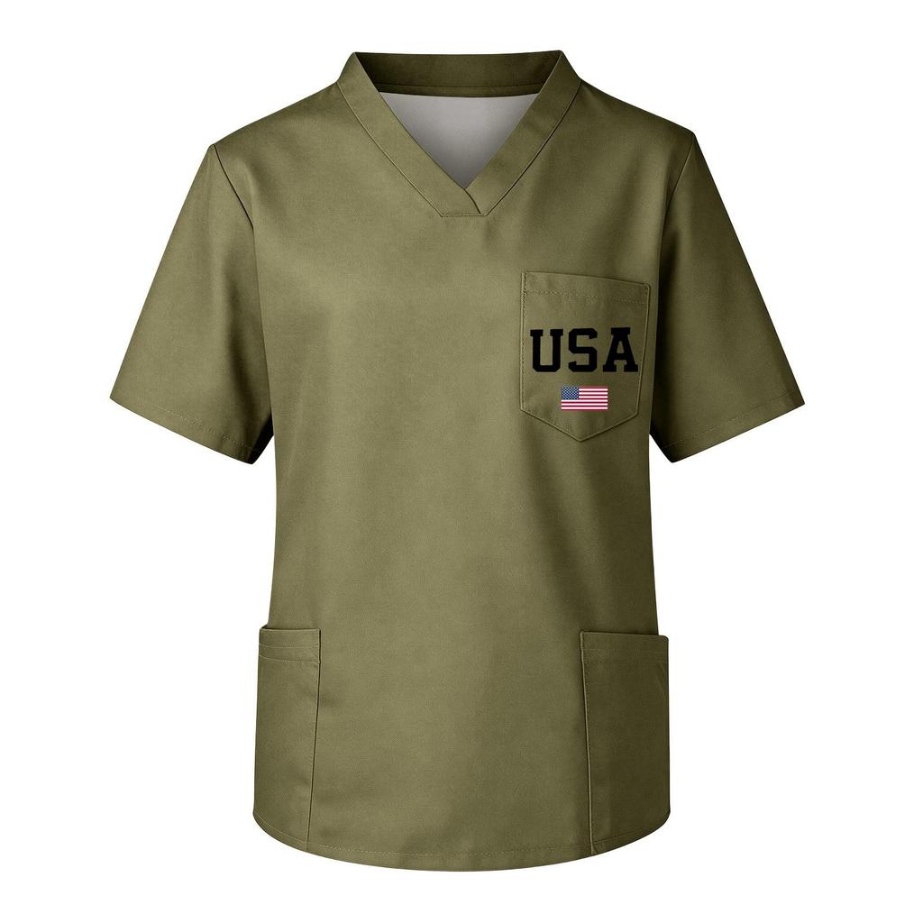 Men's Short Sleeve V-Neck Scrub Top with Pocket - Labor Day Fun Print - Uniform Tunic