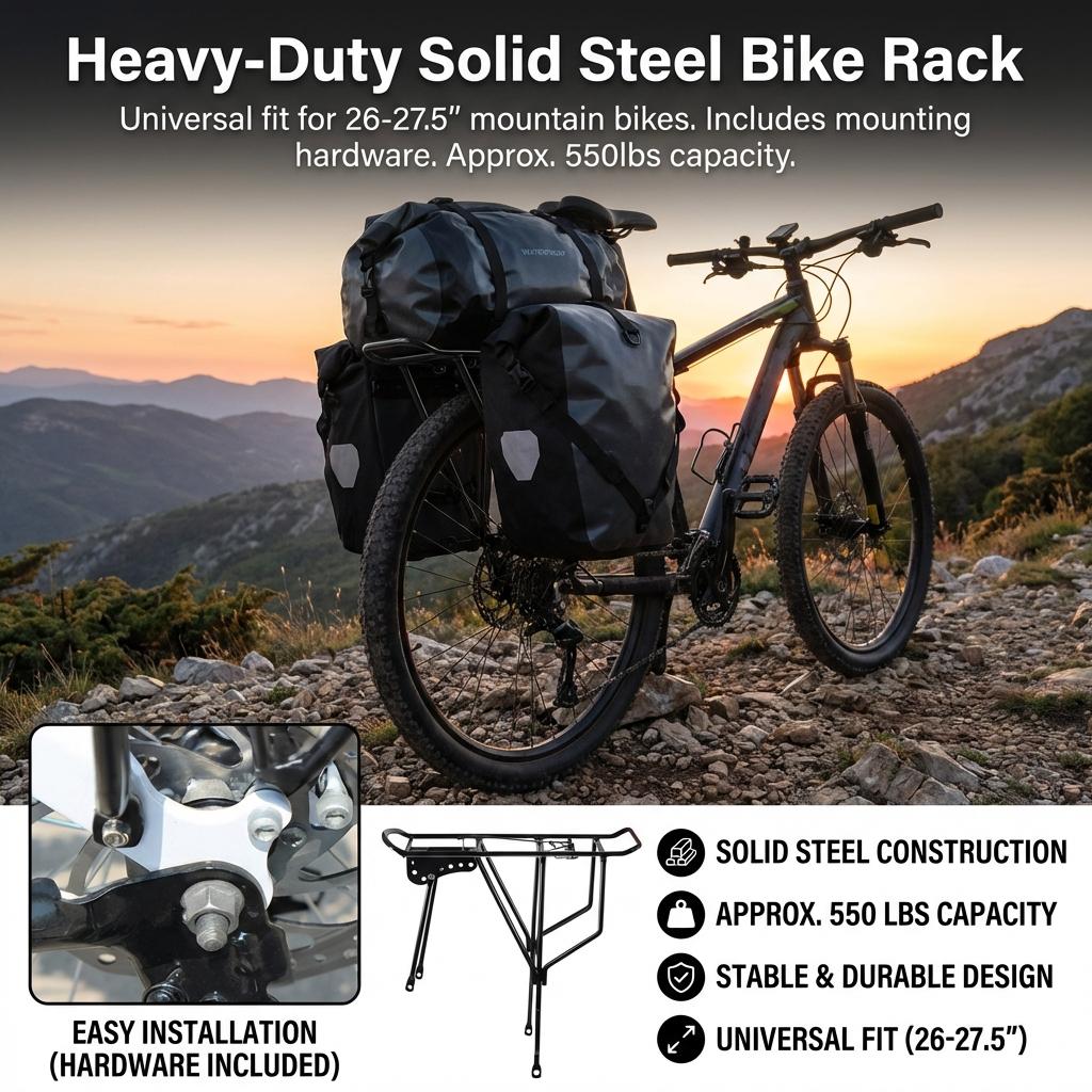 Mountain Bike Rear Rack 26-27.5 Inch Heavy Duty Solid Steel Universal Luggage Carrier with Anti Slip Design