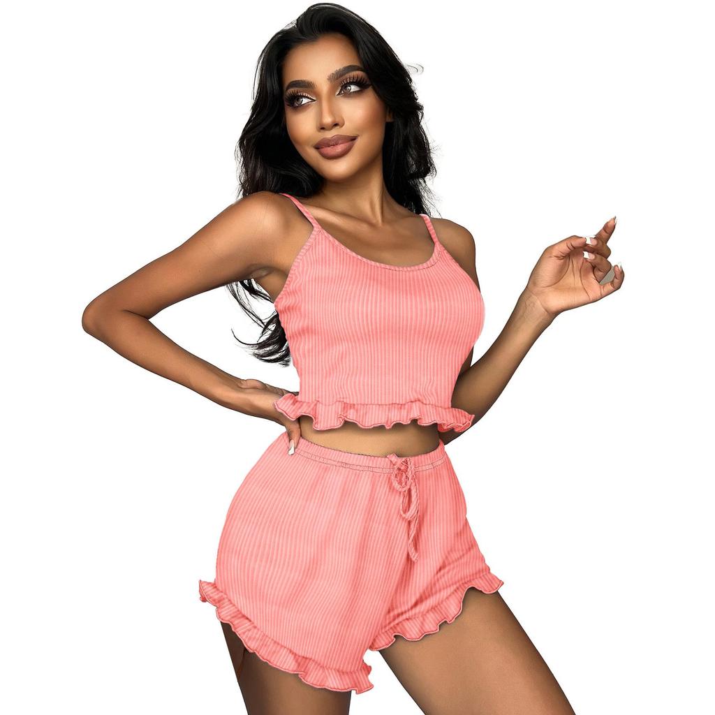 Women's Sexy Ribbed Knit Camisole and Shorts Pajama Set with Criss-cross Straps - European & American Homewear