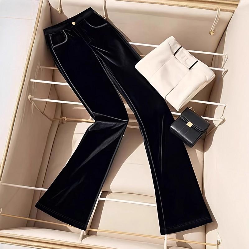 Womens Black Velvet Straight Leg Trousers High Waist Comfortable Casual Slim Fit Winter 2025