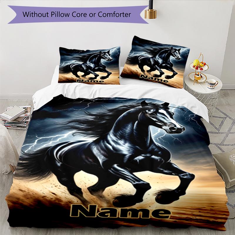 3pcs Custom Name Horse Bedding Set Duvet Cover Closure Includes 1 Duvet Cover & 2 Pillowcases, Soft and Comfortable for All Seasons.