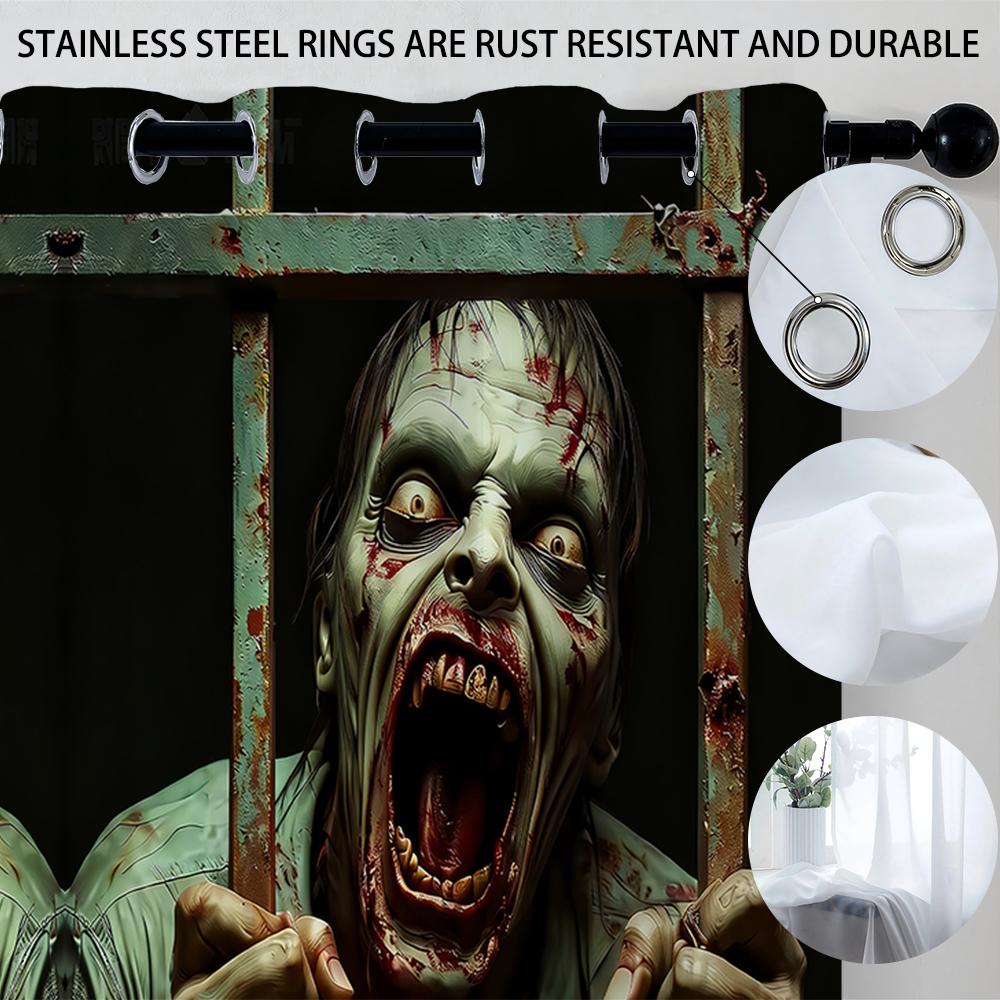 2Pcs Perforated Blackout Curtain Light Block Privacy Drape Living Bedroom Halloween Cage Zombie Horror Window Decor