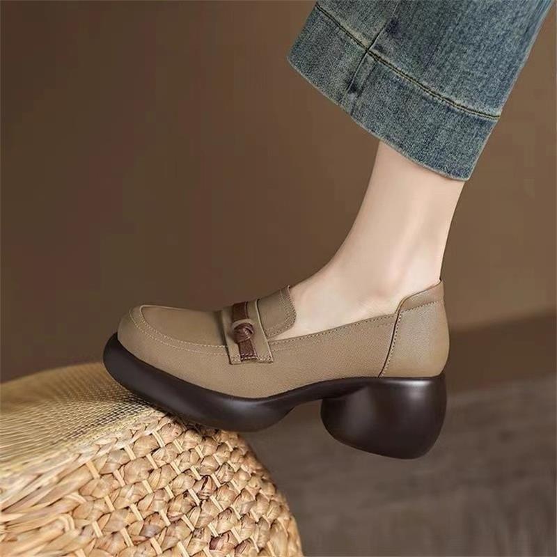 Retro platform small leather shoes new autumn single shoes lazy soft leather high heel thick heel