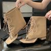Street Style Fashion Vintage Square Clip Toe Women Ankle Boots Sandals Design Low Heels Cross Lace Up Shoes