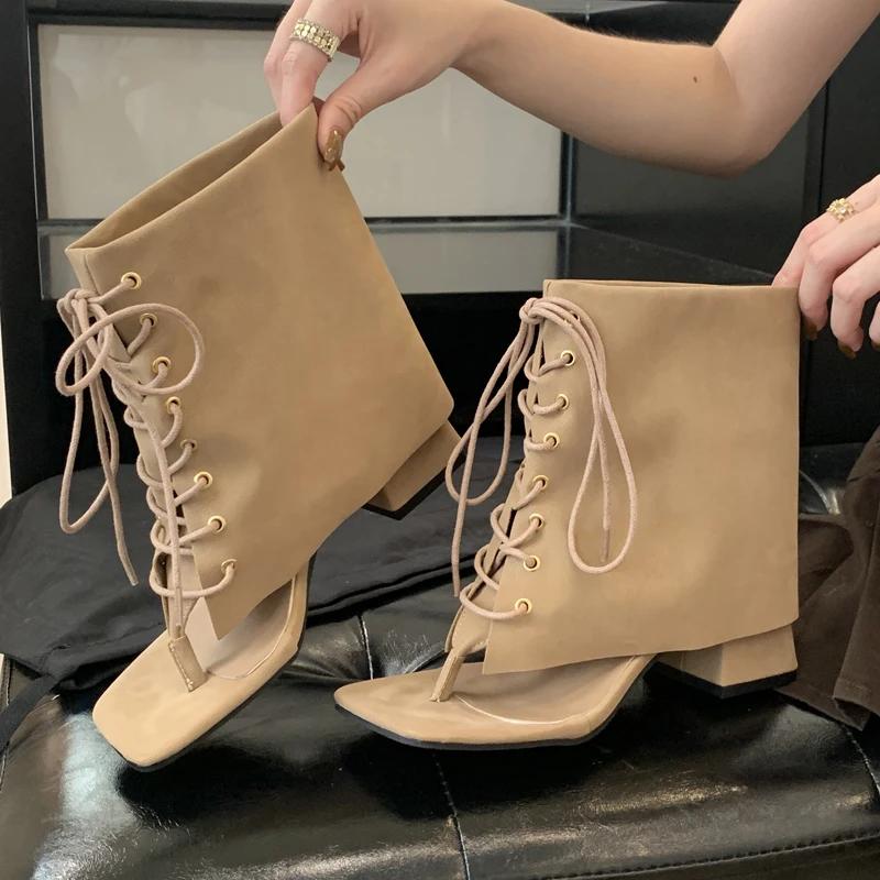 Street Style Fashion Vintage Square Clip Toe Women Ankle Boots Sandals Design Low Heels Cross Lace Up Shoes