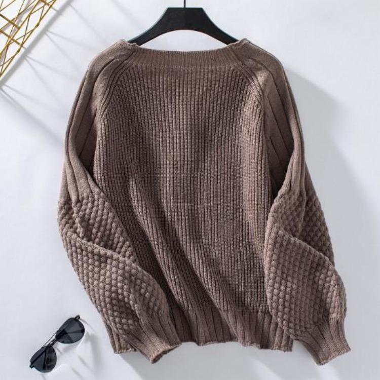 Loose Knitted Sweater Coat Women Solid Color V Neck Lantern Long Sleeve Cardigan Single Breasted