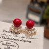 Year of the Horse 2026 Red Bean Pearl Zircon Fan-Shaped Stud Earrings - Elegant New Year Women's Accessory