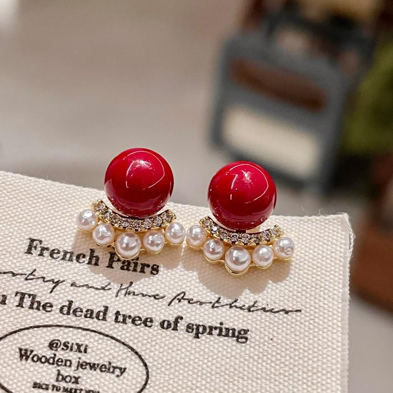 Year of the Horse 2026 Red Bean Pearl Zircon Fan-Shaped Stud Earrings - Elegant New Year Women's Accessory