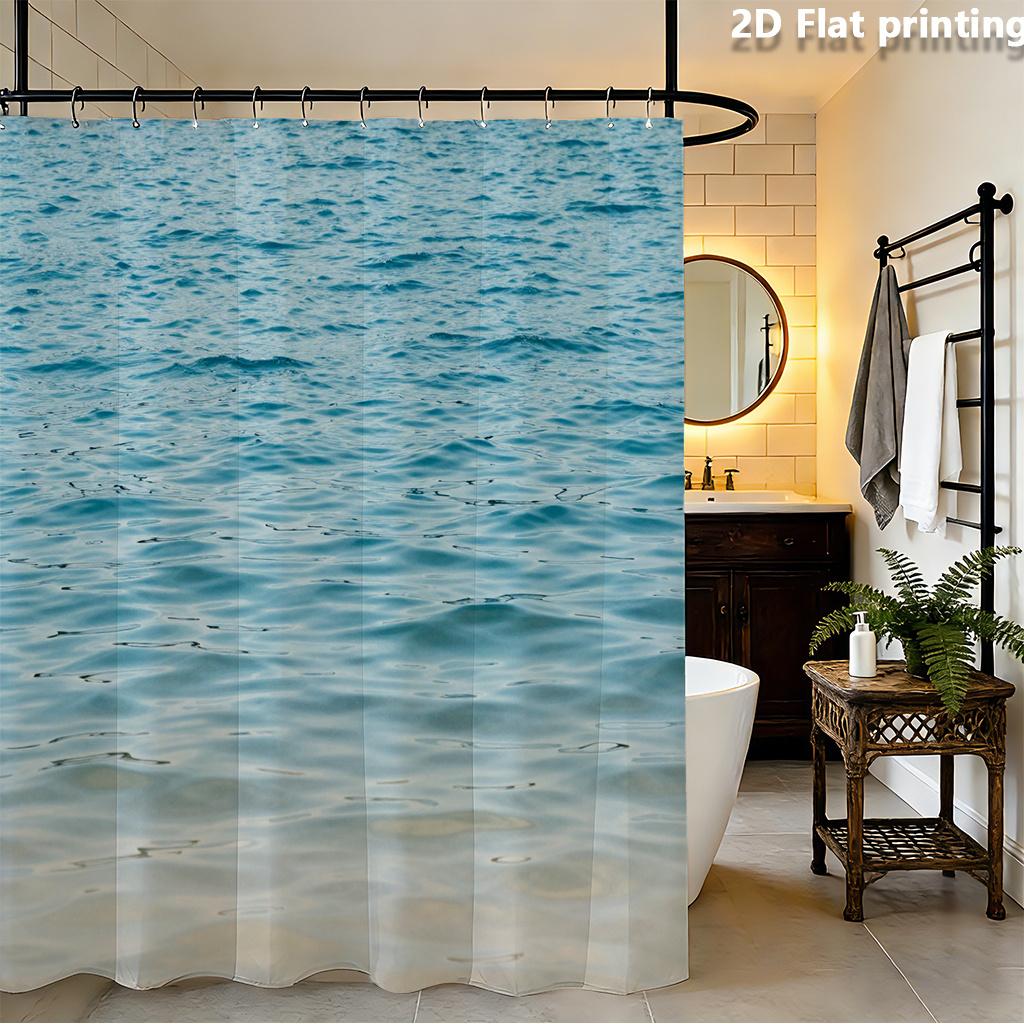 Ozeanwelle Duschvorhang 1 Stück Polyester 2D Flachdruck 70,8x70,8" Realistische Blaue Wasserwellen Cremefarbener Sandboden