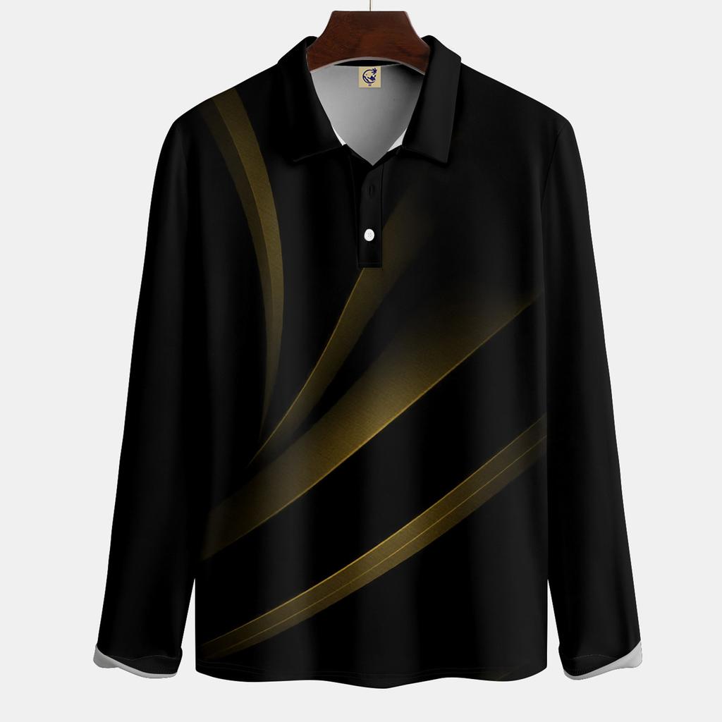 Herren-Revers-Langarm-bedrucktes Freizeit-Oberteil, lockeres Sport-Revers-Hemd