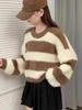 2024 Autumn/Winter Women's Korean Color Block Striped Round Neck Knit Sweater - Loose Fit Fashion Pullover