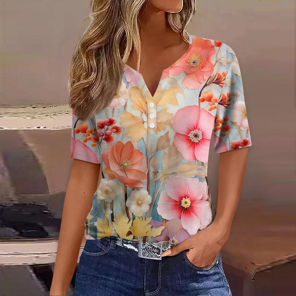 Dámské tričko s potiskem, knoflíky, krátký rukáv, denní, víkendová móda, základní V-výstřih, běžný top