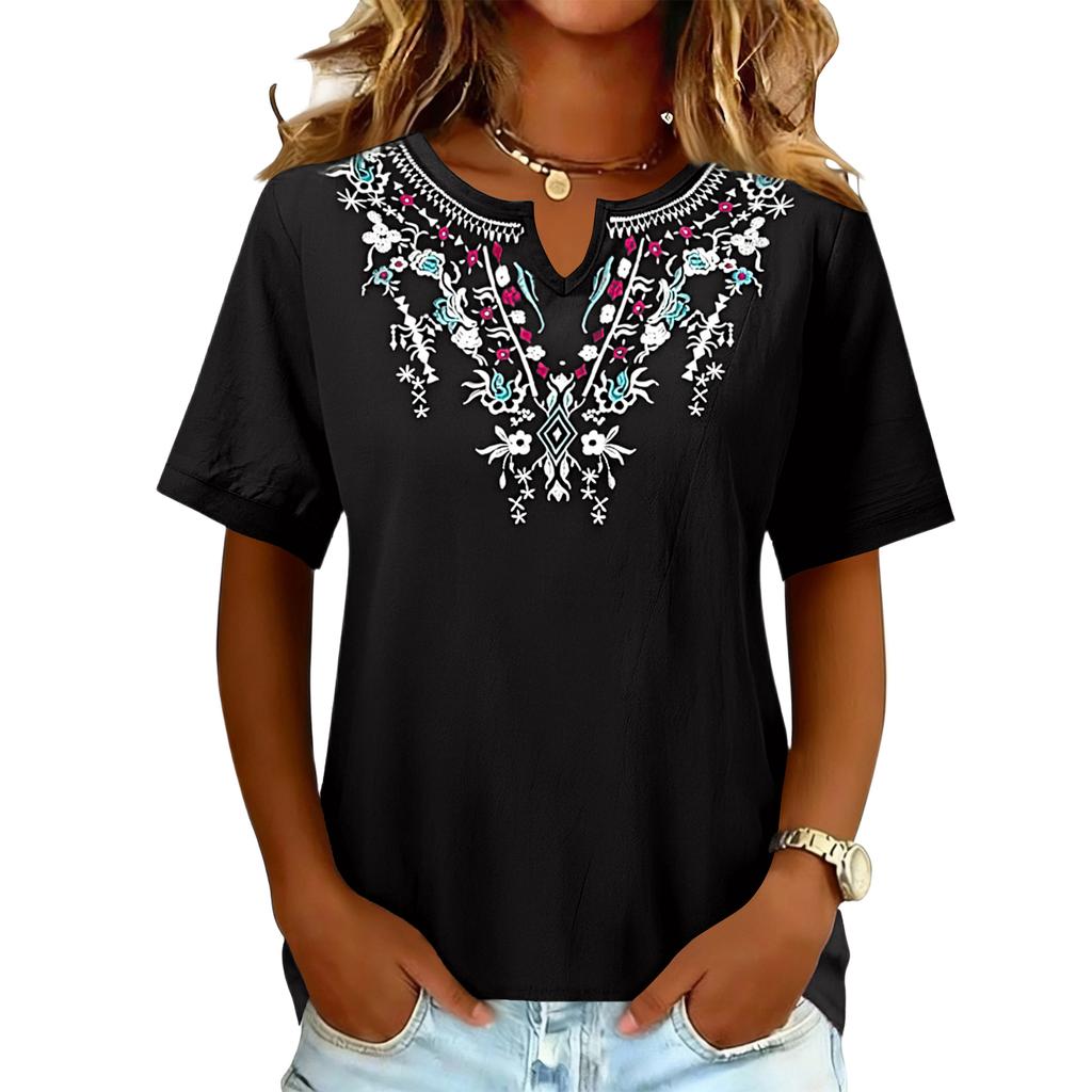 Cotton And Linen Embroidered Shirt V-Neck Color Women's Artistic Loose Fitting Short Sleeved Summer