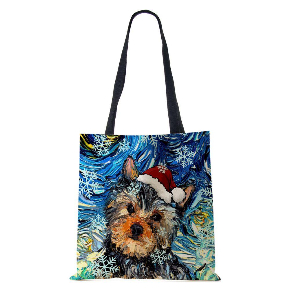 Christmas Dog Canvas Shopper Tote Bag Utskrift Harajuku Kvinner Gjenbrukbar skulderveske 2022 Casual Stor kapasitet sammenleggbar håndveske
